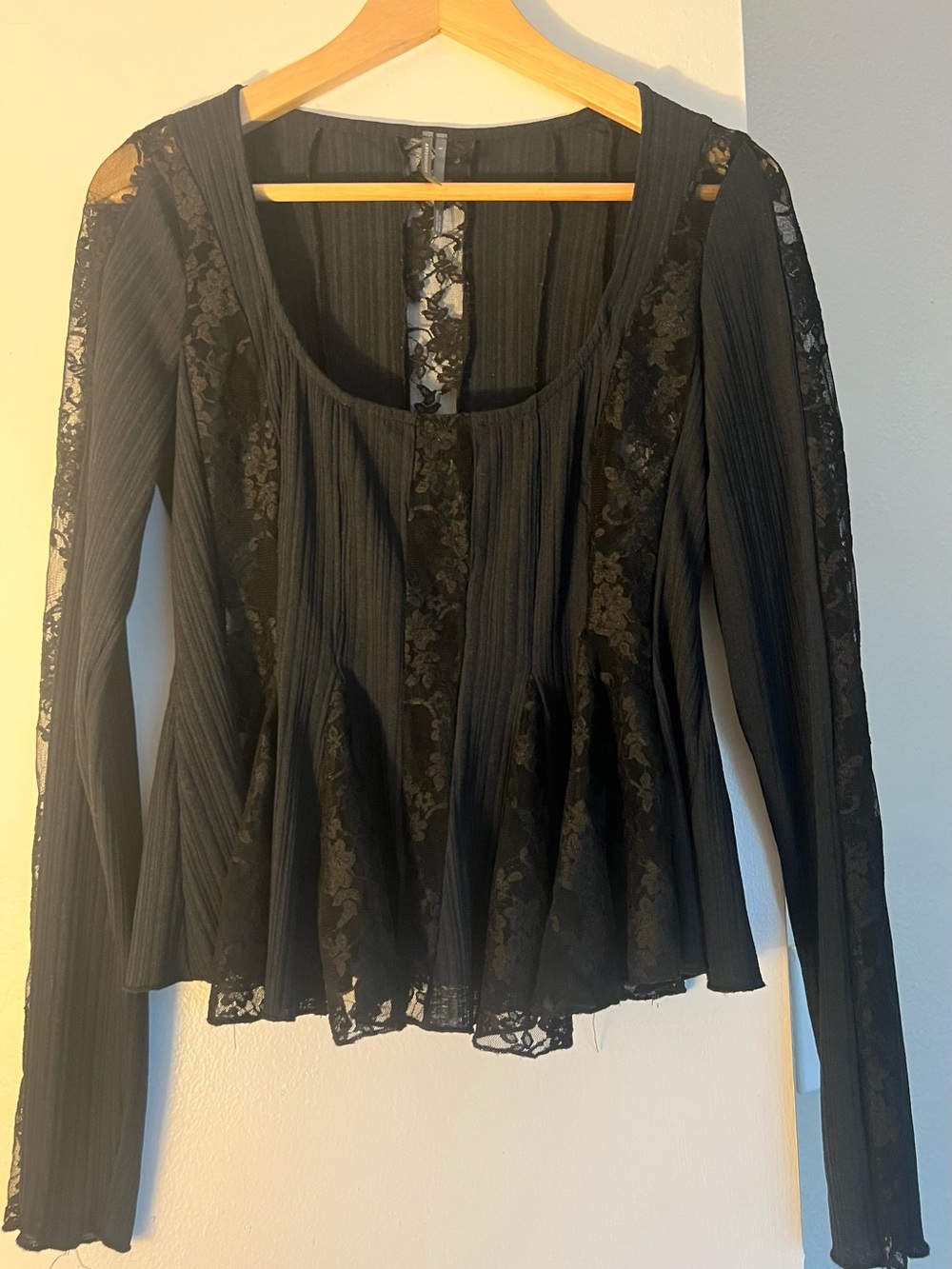 Anthropologie Black Lace-Panel Long Sleeve Blouse